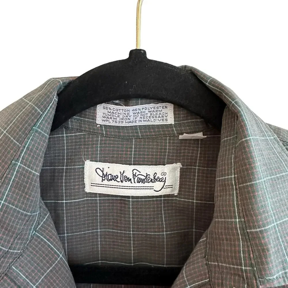 Diane Von Furstenberg Vintage Plaid Cotton Button Up Shirt Grey Size 10